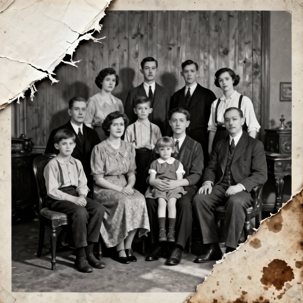 AI repaired studio family portrait with missing corner rebuilt