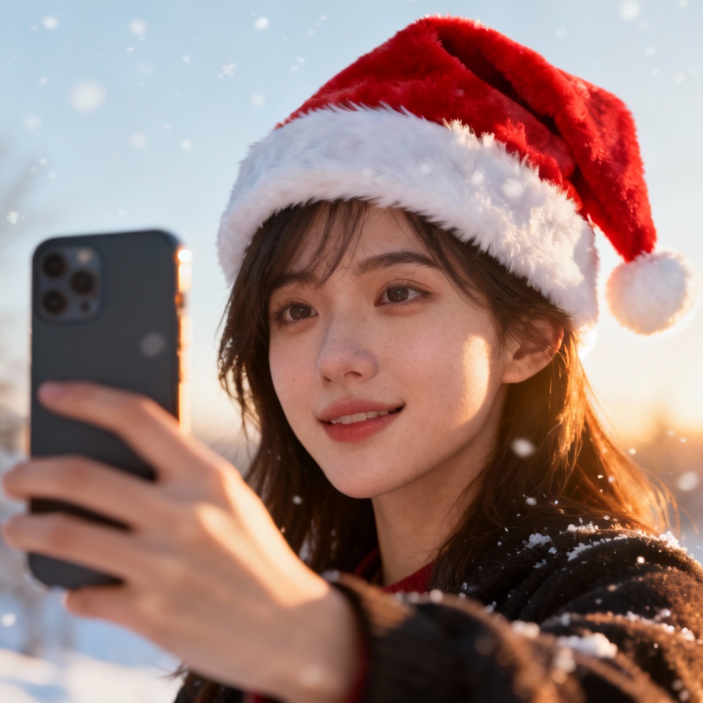 AI holiday selfie with Santa hat and warm glow