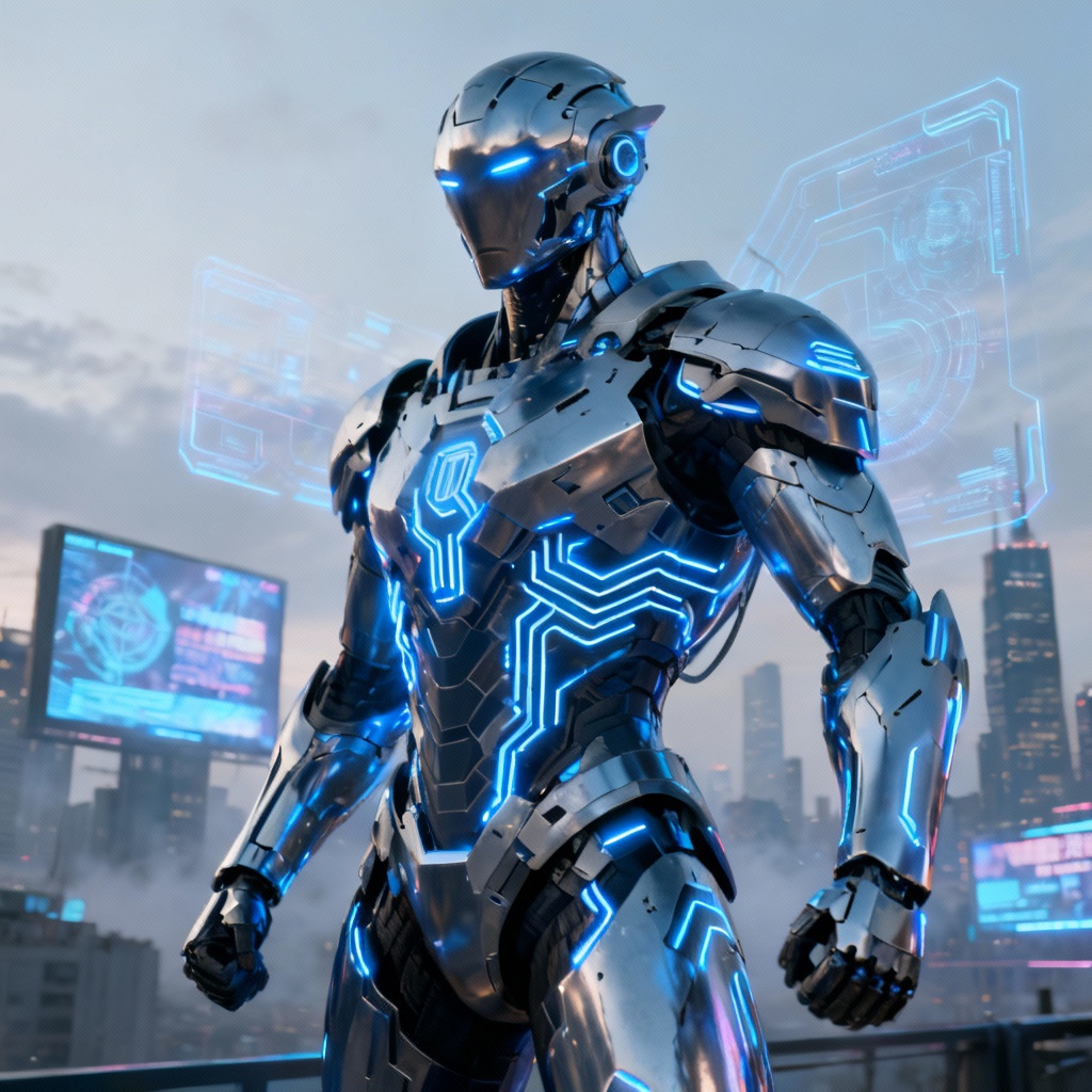 AI cybernetic superhuman overlooking a holographic city