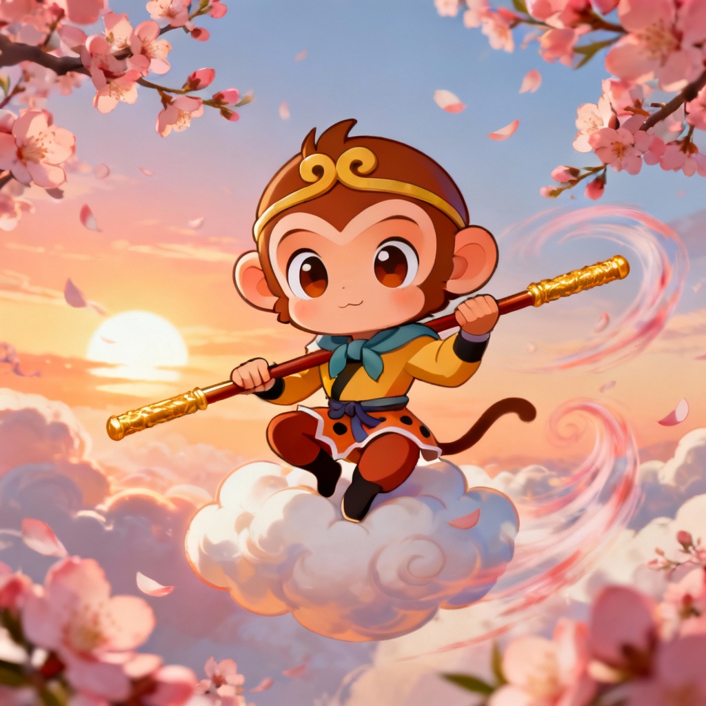 Chibi Little Wukong flying on a cloud with golden staff