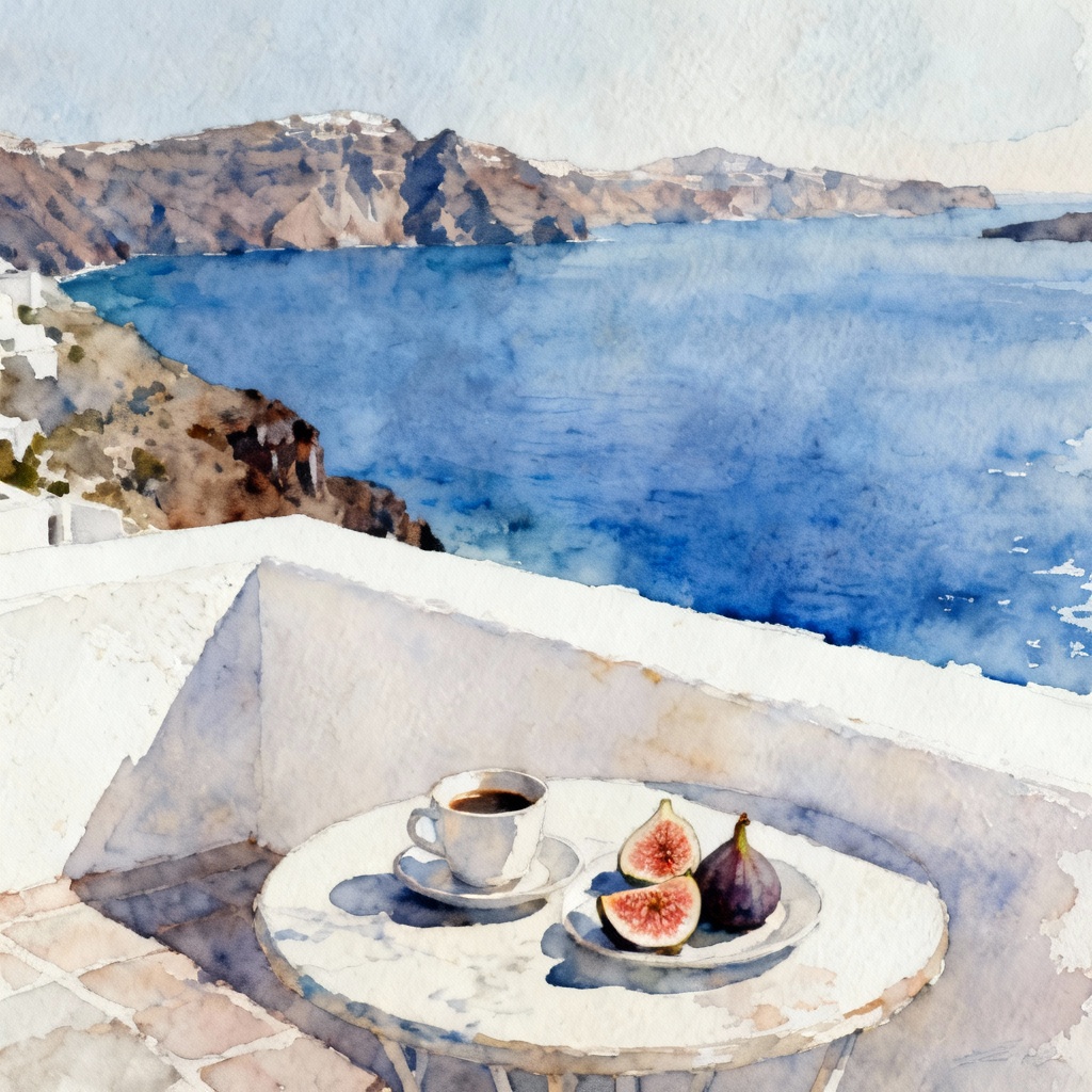 AI watercolor painting of Santorini terrace with caldera view