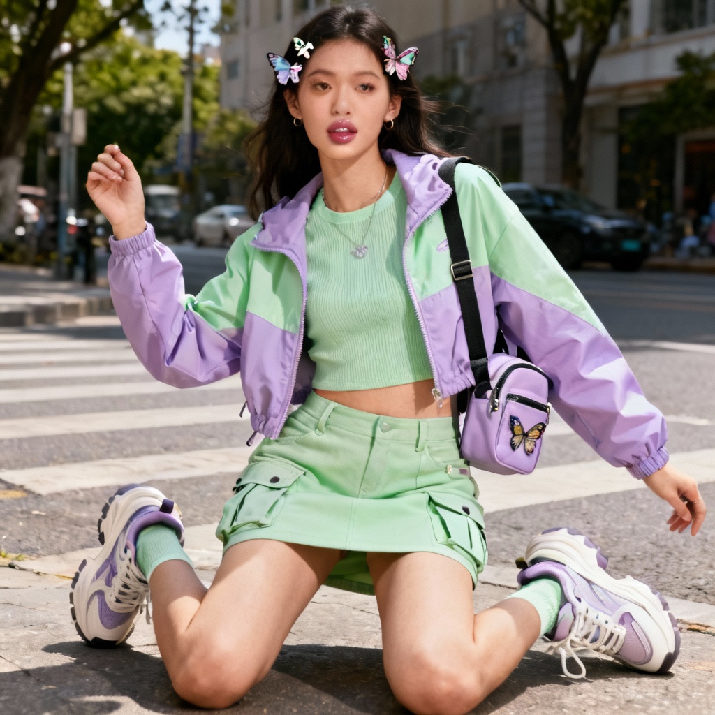 AI Y2K streetwear festival look with cargo skirt and windbreaker