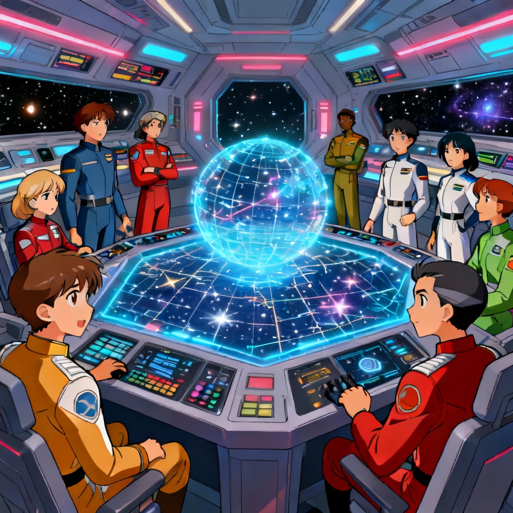 AI anime starship bridge crew with holographic starmap