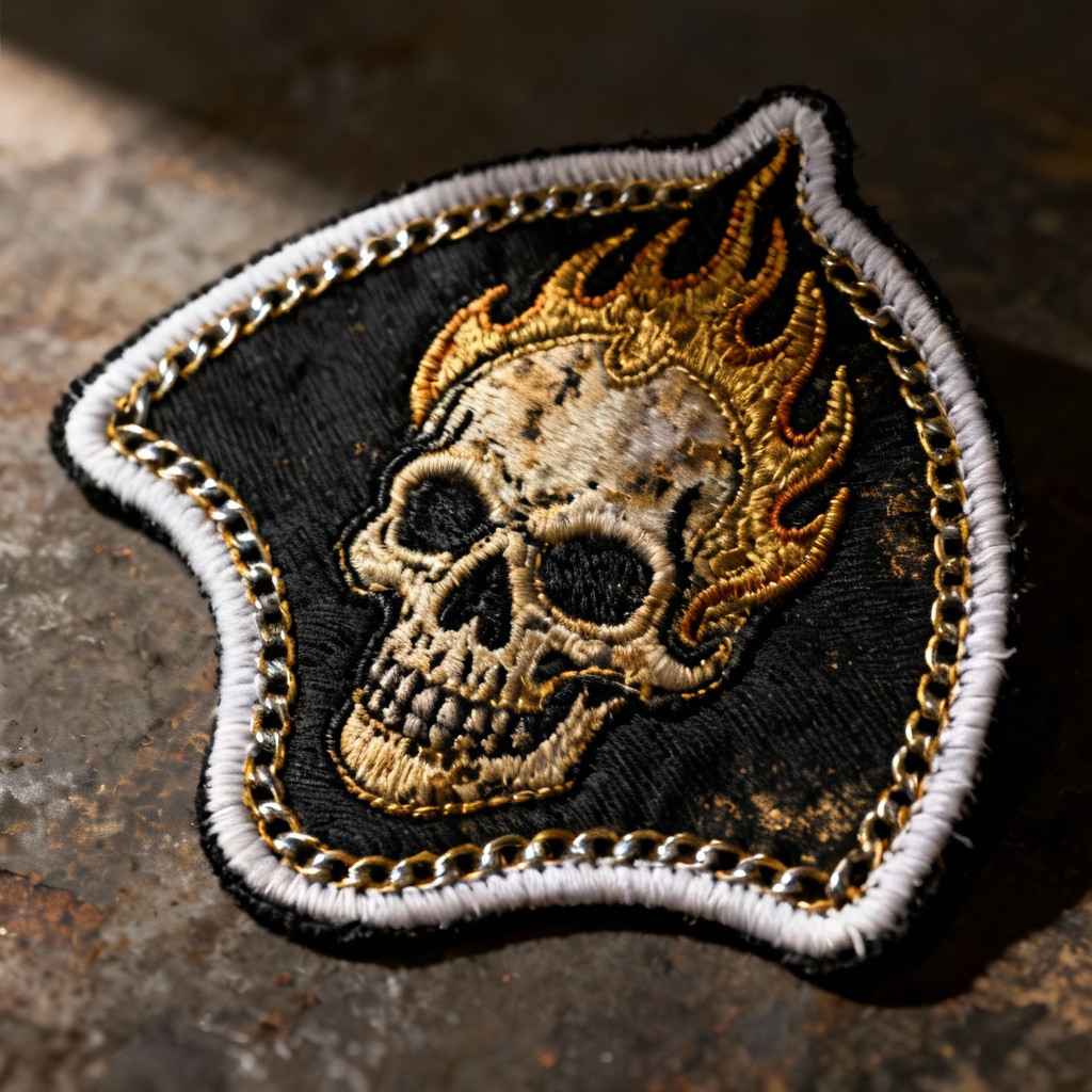 AI biker rocker embroidered patch with skull and flames