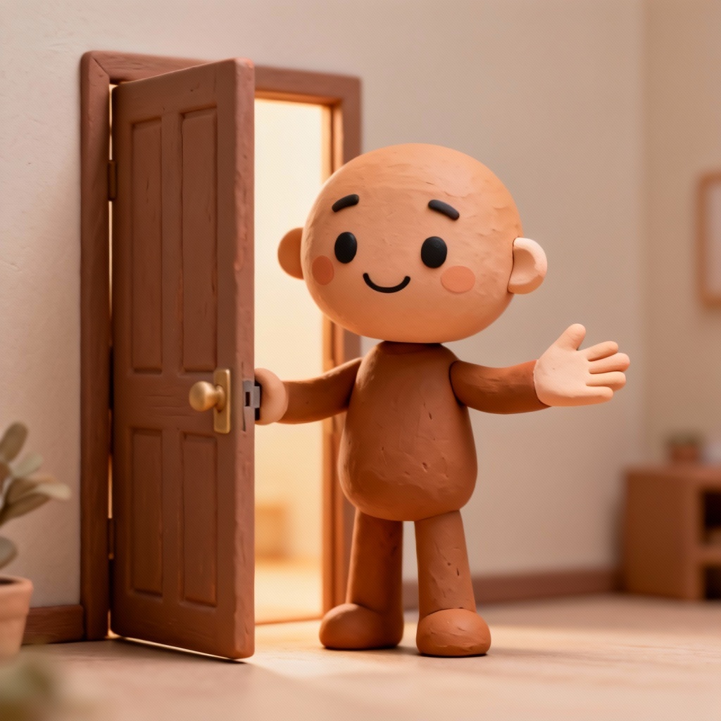 3D character welcoming at an open door with inviting hand gesture