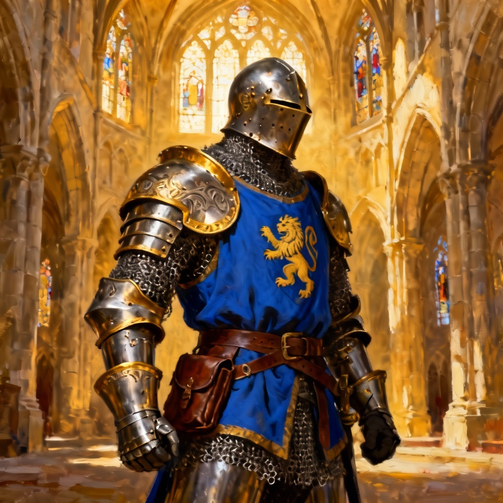 AI medieval paladin plate armor with blue tabard