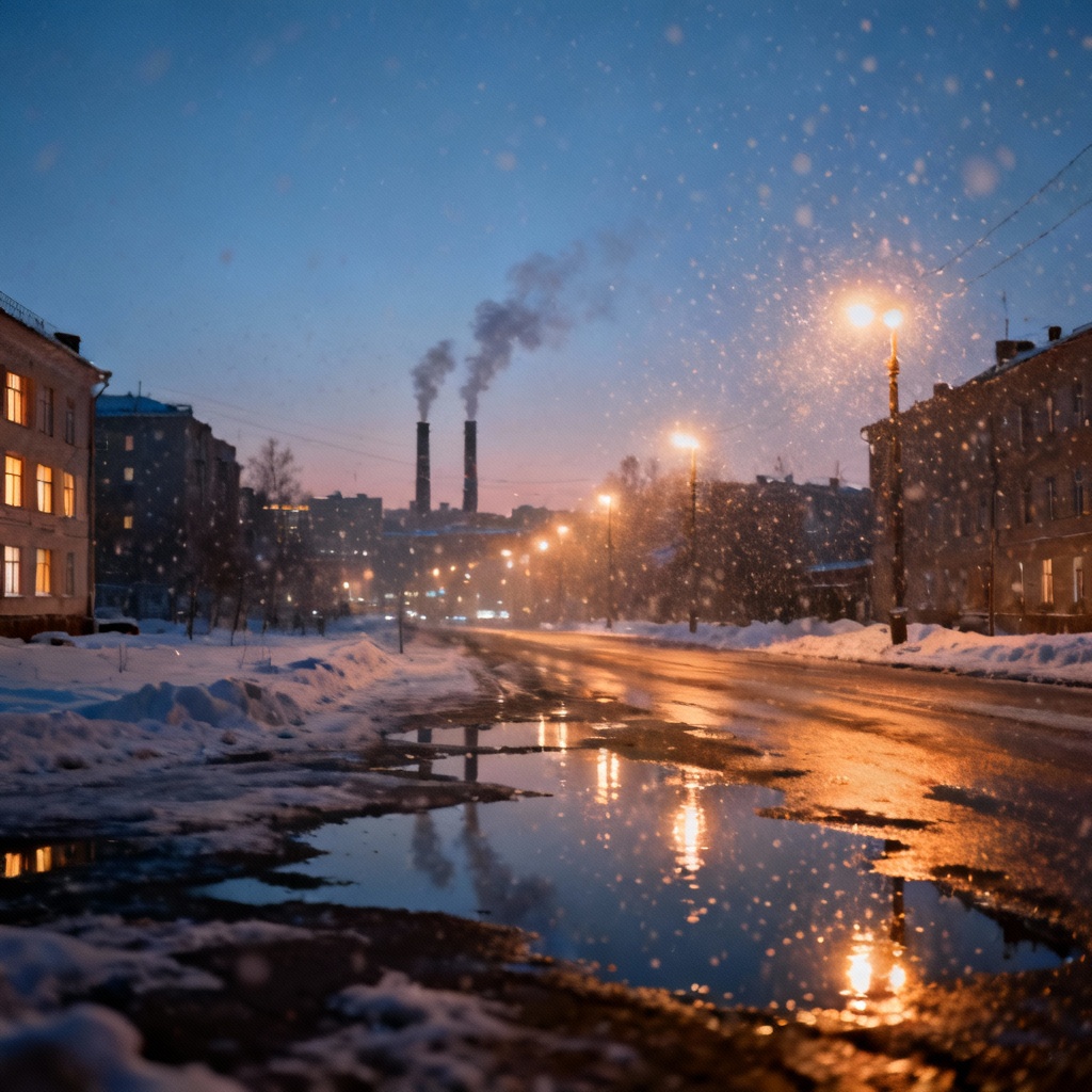 AI winter Kirov skyline at dusk with snow and warm lights