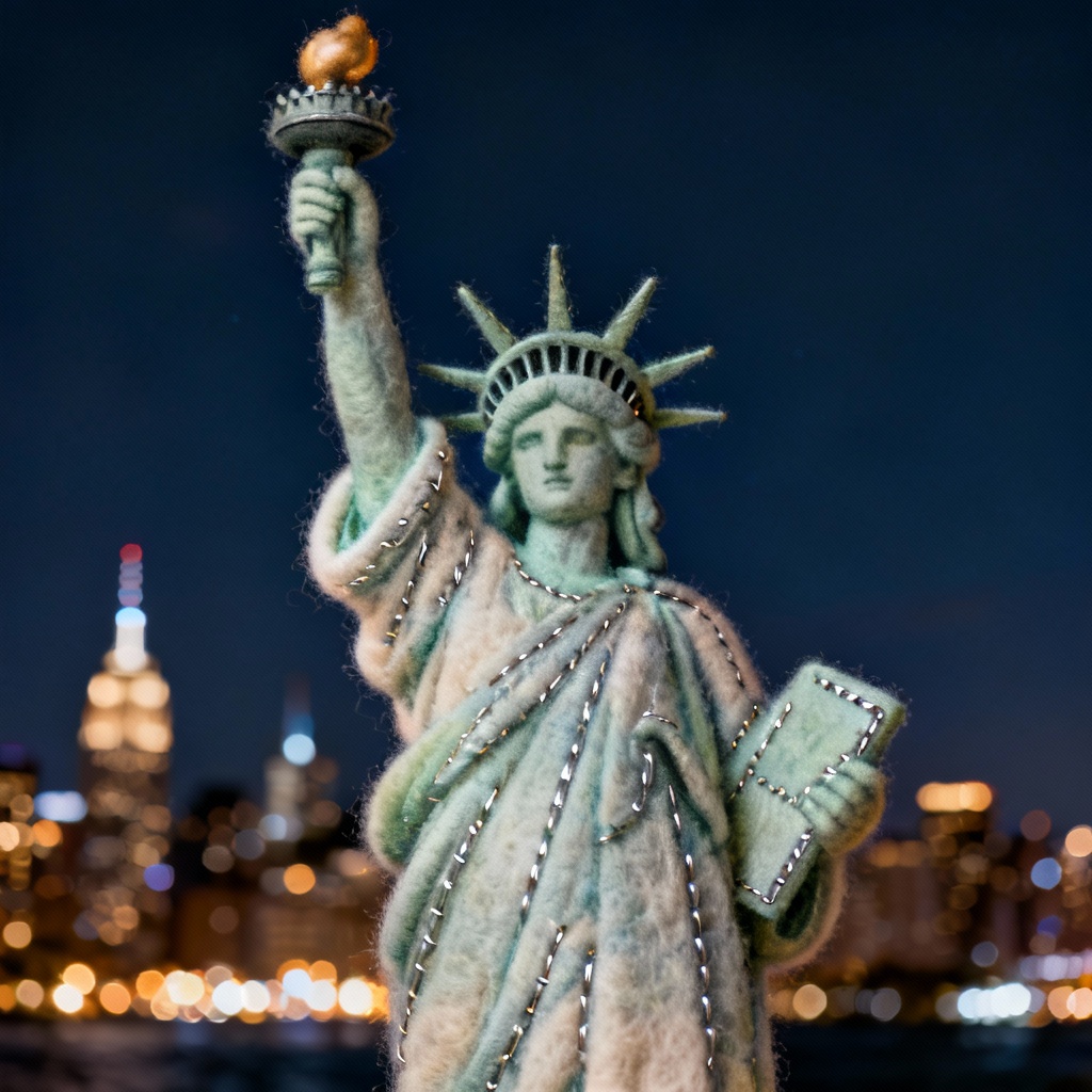 AI felted Statue of Liberty night scene