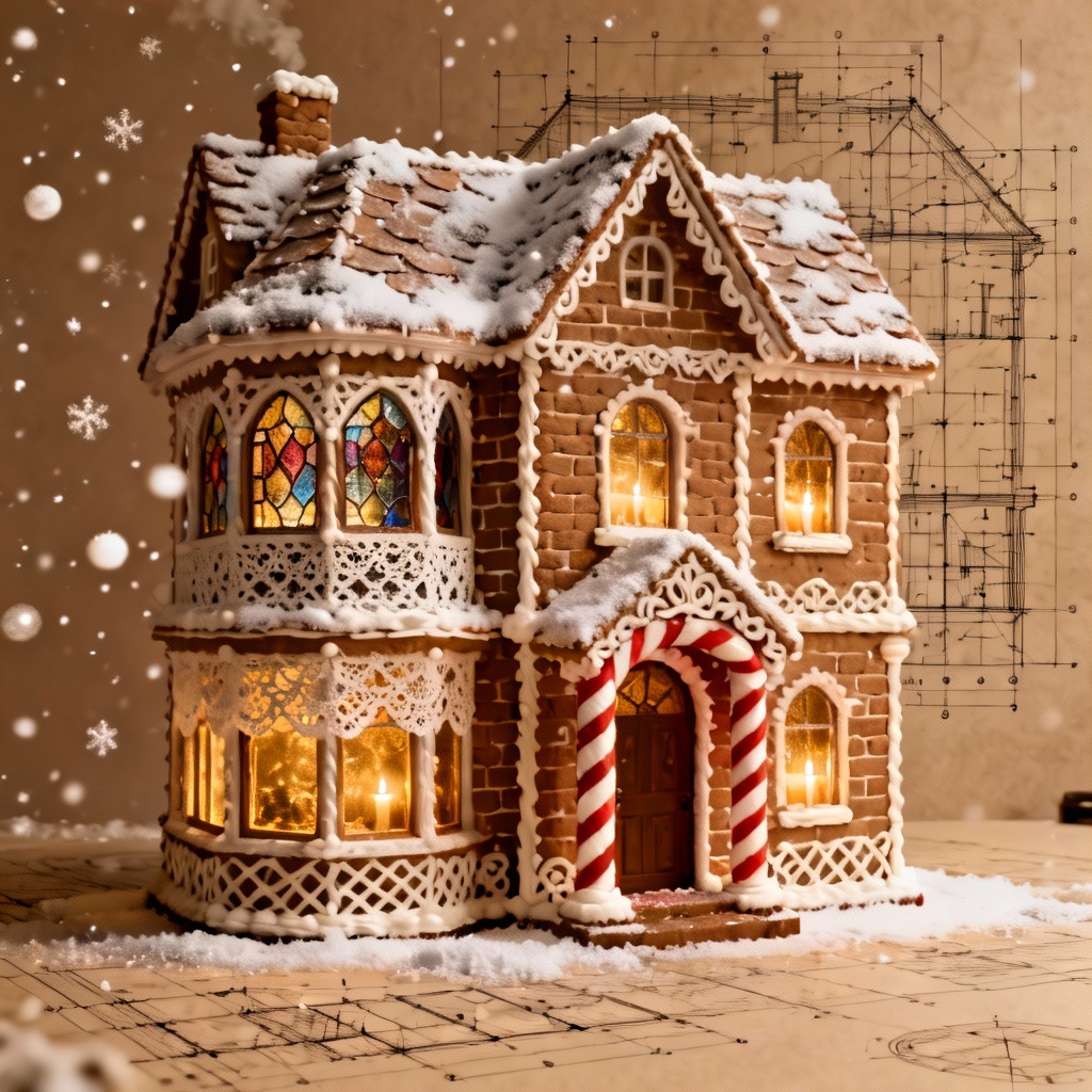 Victorian AI gingerbread house with sugar glass windows and icing lattice