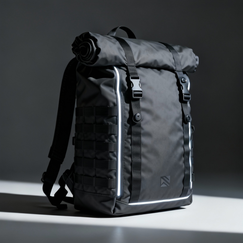 AI techwear daypack with MOLLE webbing and matte finish