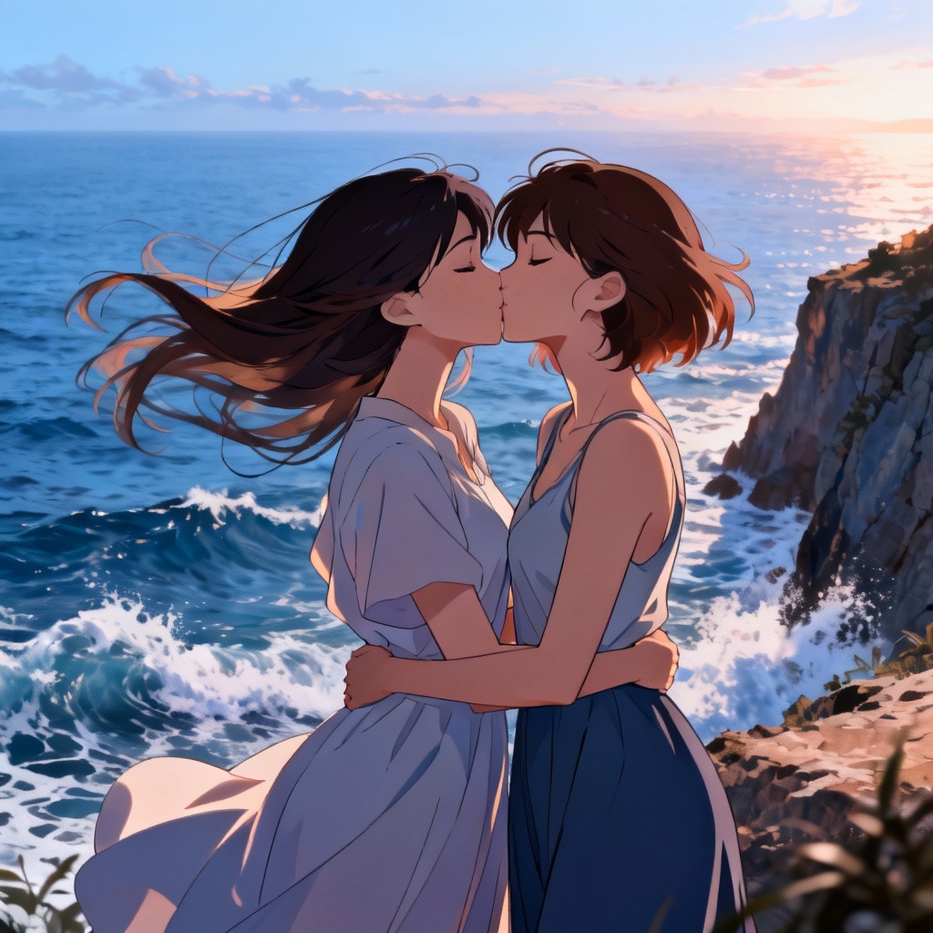LGBTQ+ anime kiss of two adult women by the ocean