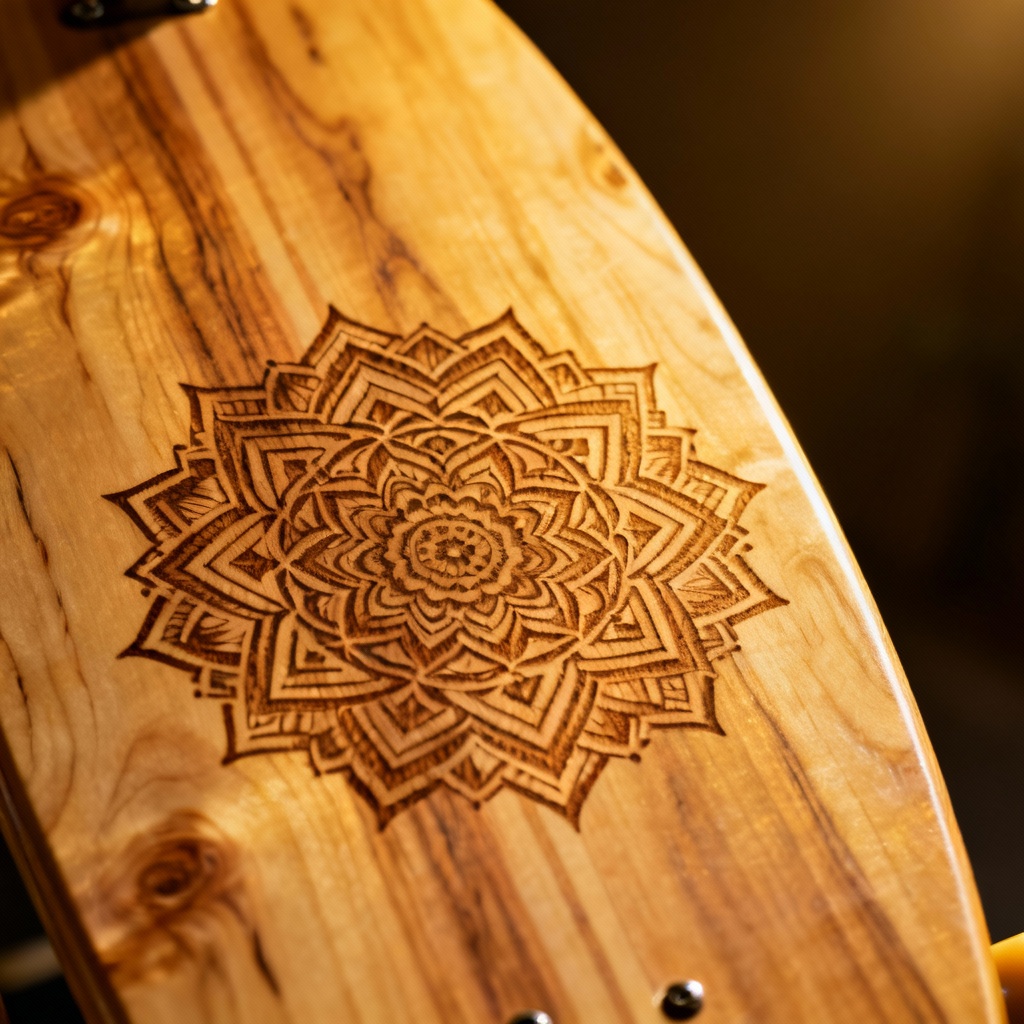 Woodgrain longboard with laser-etched mandala pattern