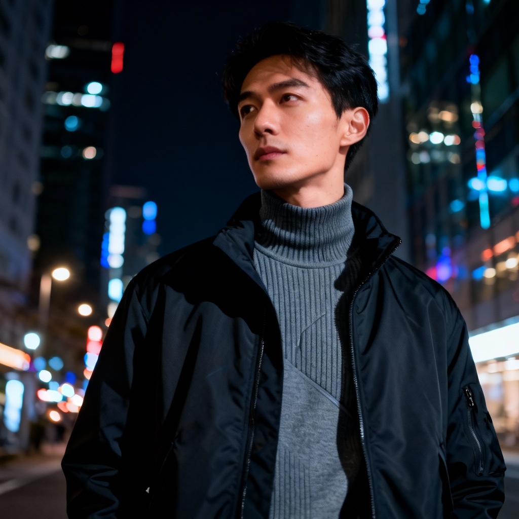 AI techwear turtleneck layered under shell jacket