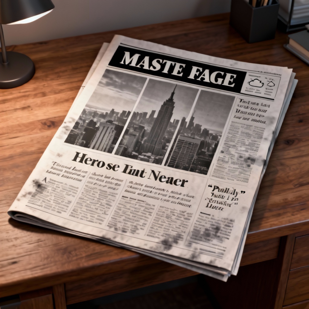 AI-generated broadsheet newspaper front page layout with bold masthead