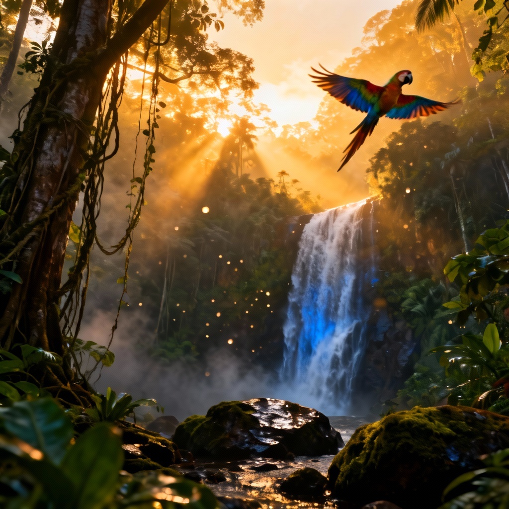 AI jungle scene of a misty Amazon rainforest with waterfall and sun rays