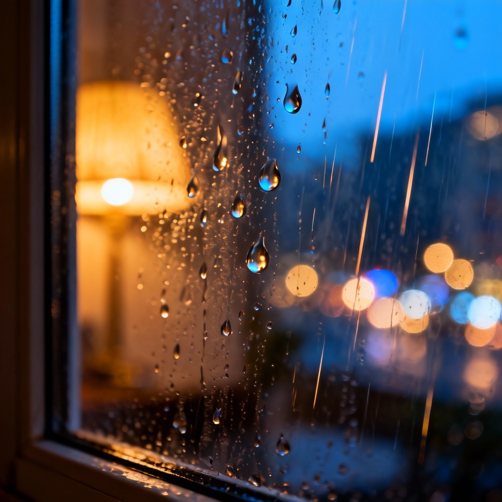 Cozy window with raindrops and soft light