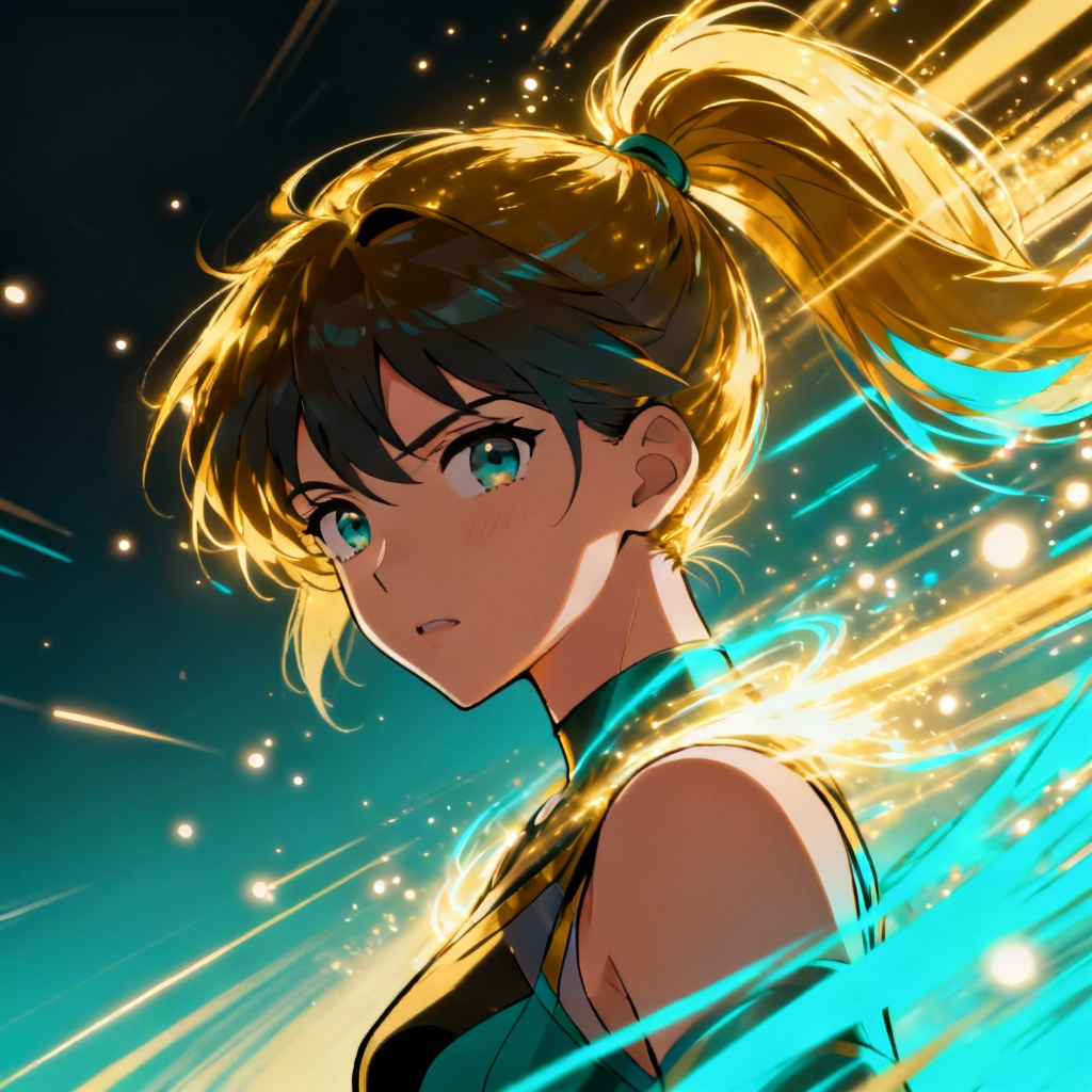 Anime glowing ponytail with radiant golden aura