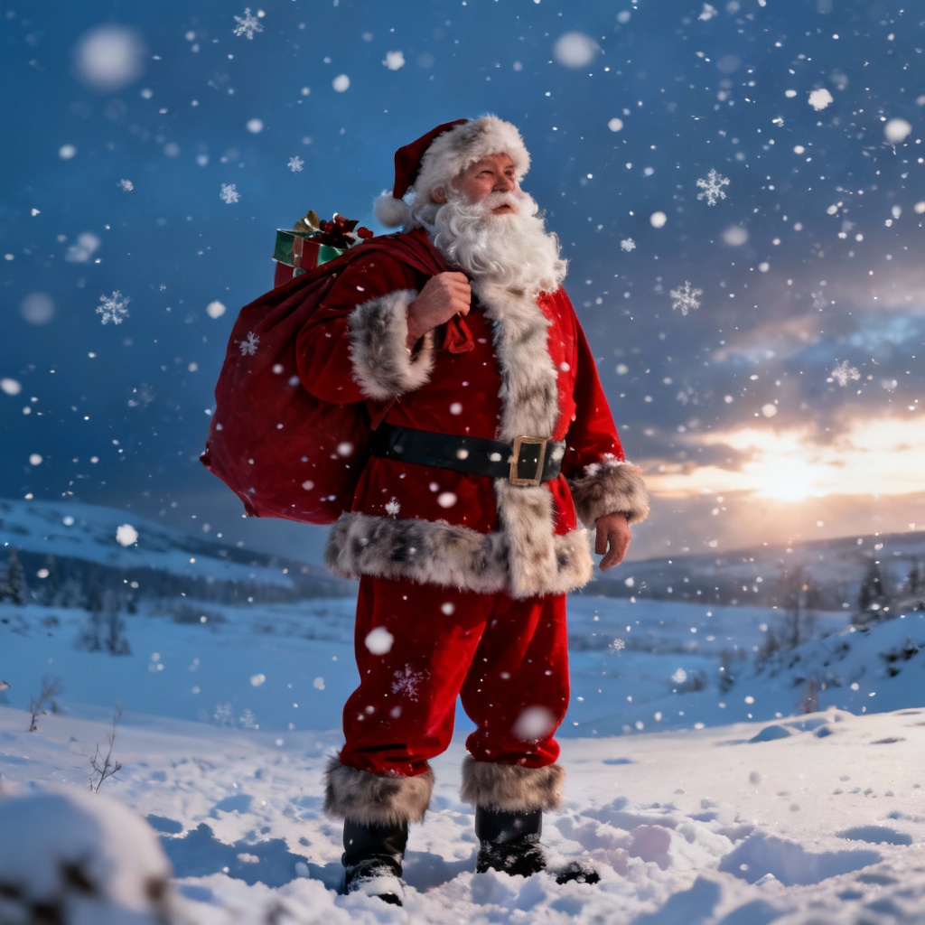 AI Santa photo in Nordic snowfield with falling snow