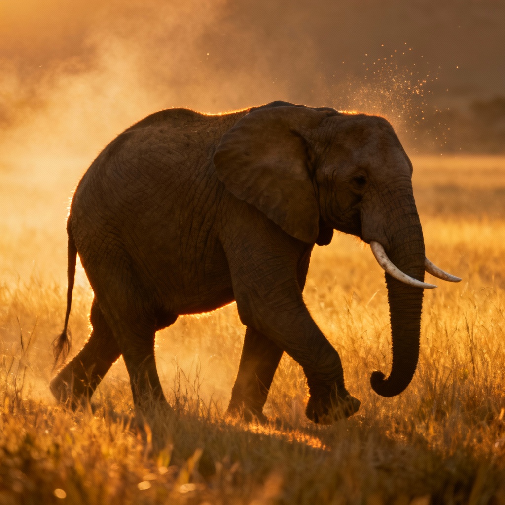 Photorealistic African elephant at sunset in tall savanna grass