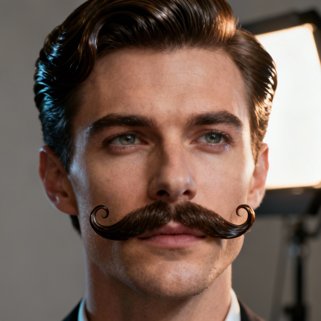 AI handlebar moustache try-on close-up