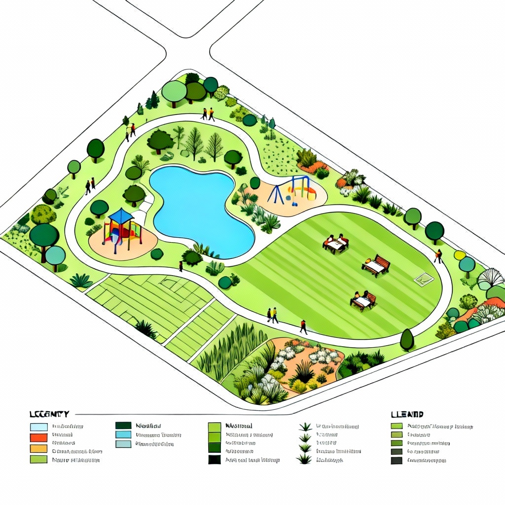 Isometric park masterplan with paths and zones