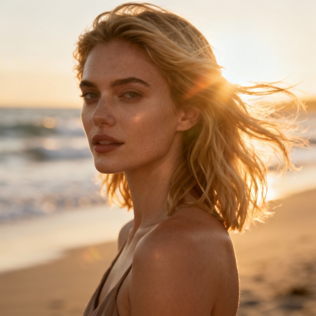 AI beach waves hairstyle in sunlight