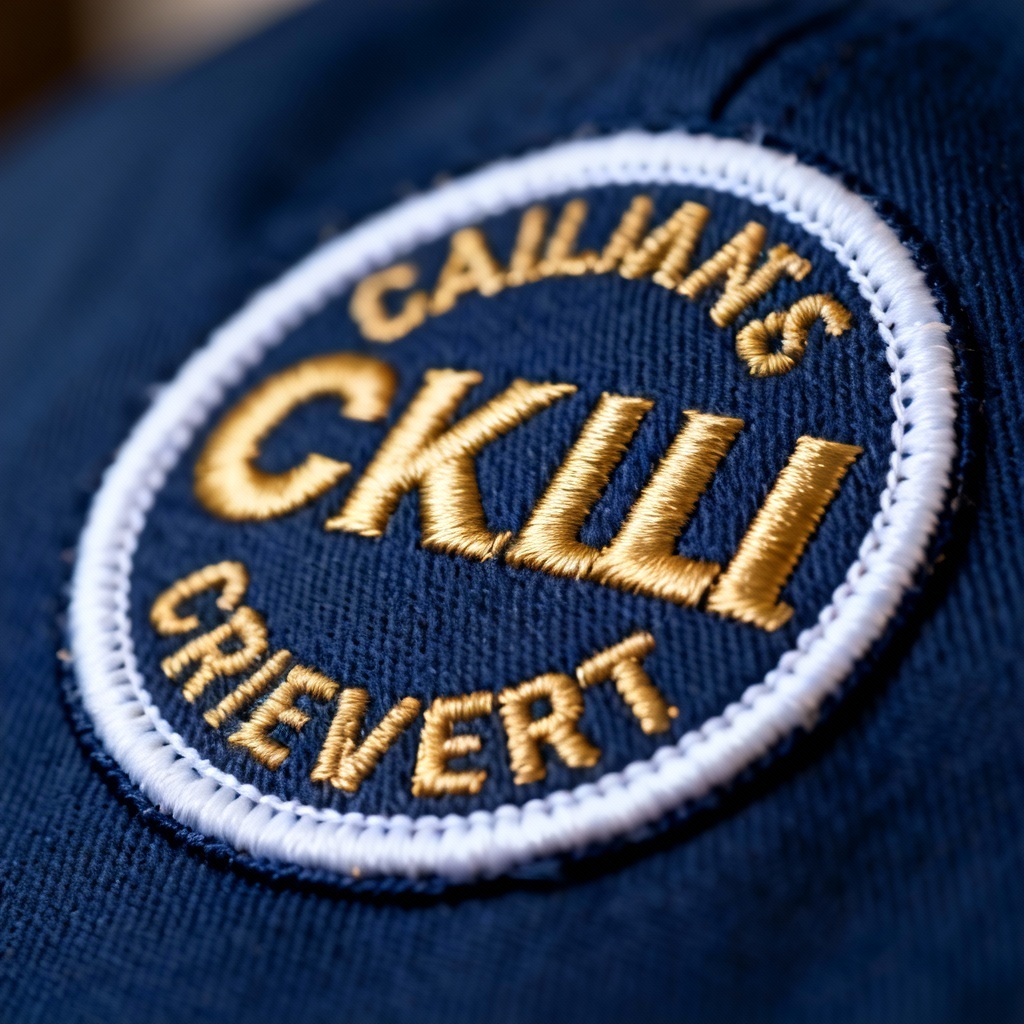 AI embroidered patch mockup with merrowed border and gold thread