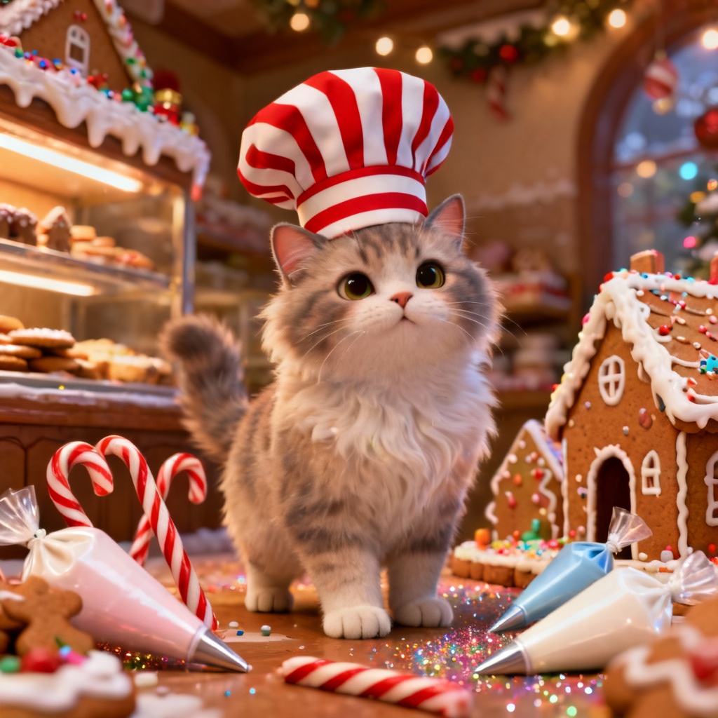 3D gingerbread bakery cat chef at Christmas
