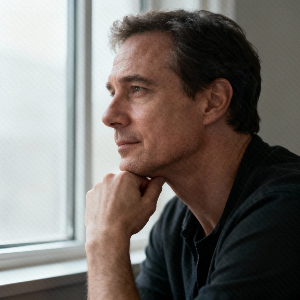 AI thoughtful pose portrait with hand on chin by window