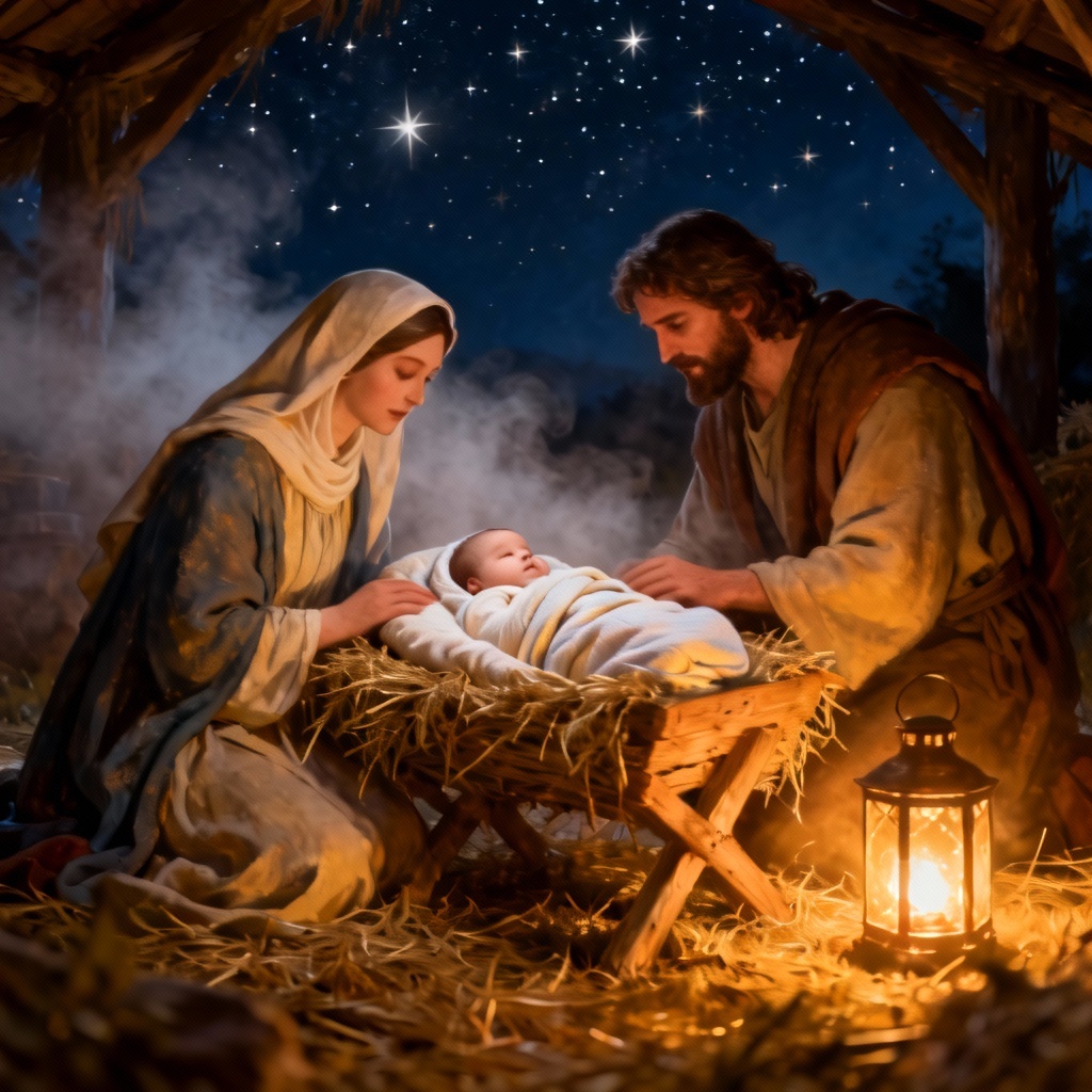 AI nativity night scene with star and manger