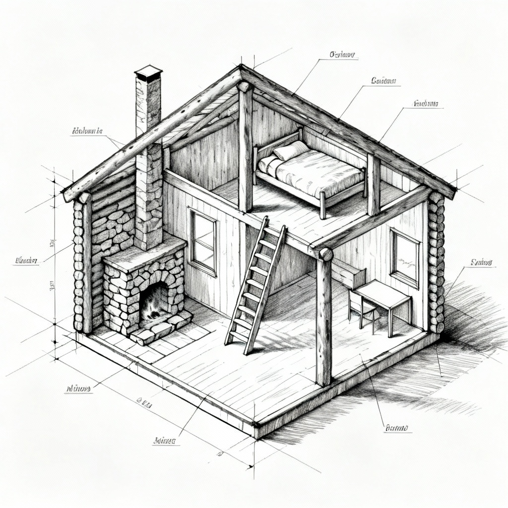 AI isometric rustic cabin blueprint cutaway diagram
