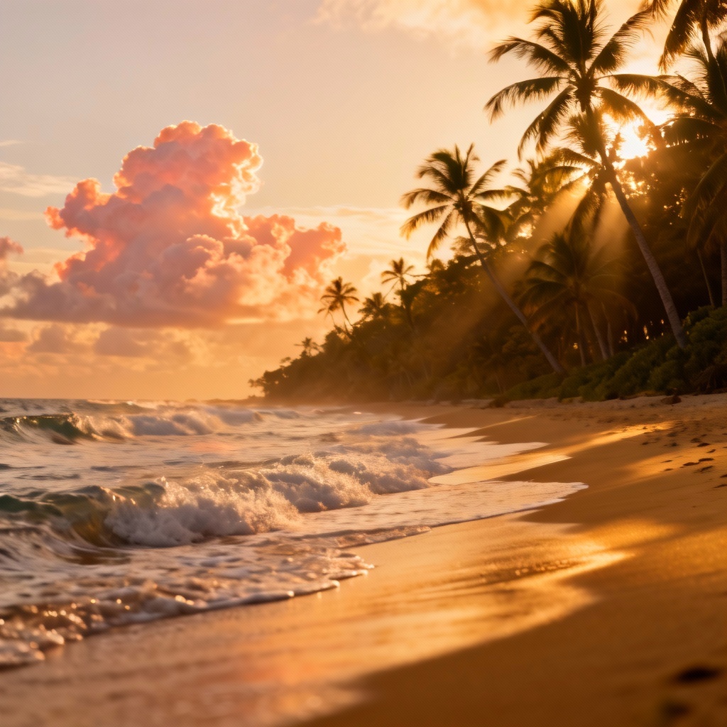 AI golden hour tropical beach scene