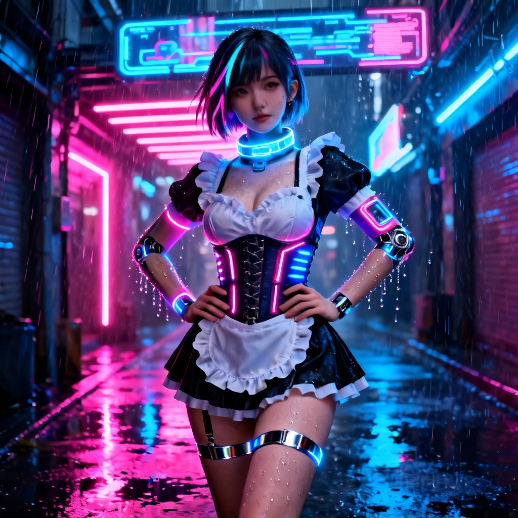 Cyberpunk sexy maid with neon lights and rain reflections