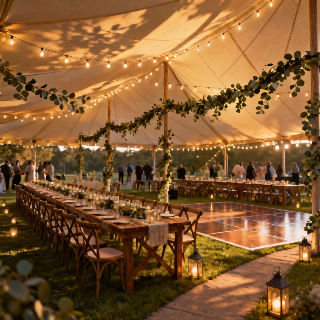 AI outdoor garden reception with canopy and string lights