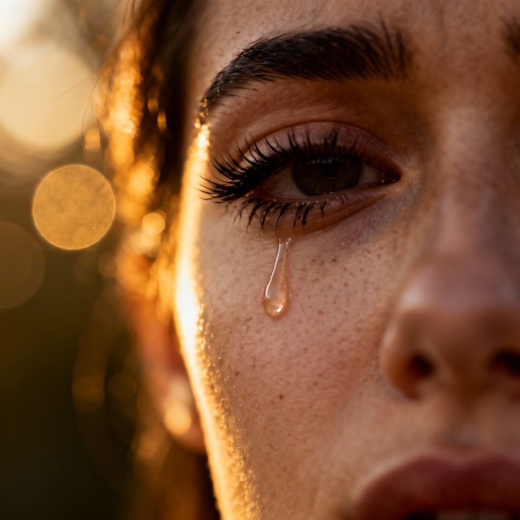 AI crying portrait with single tear and cinematic lighting