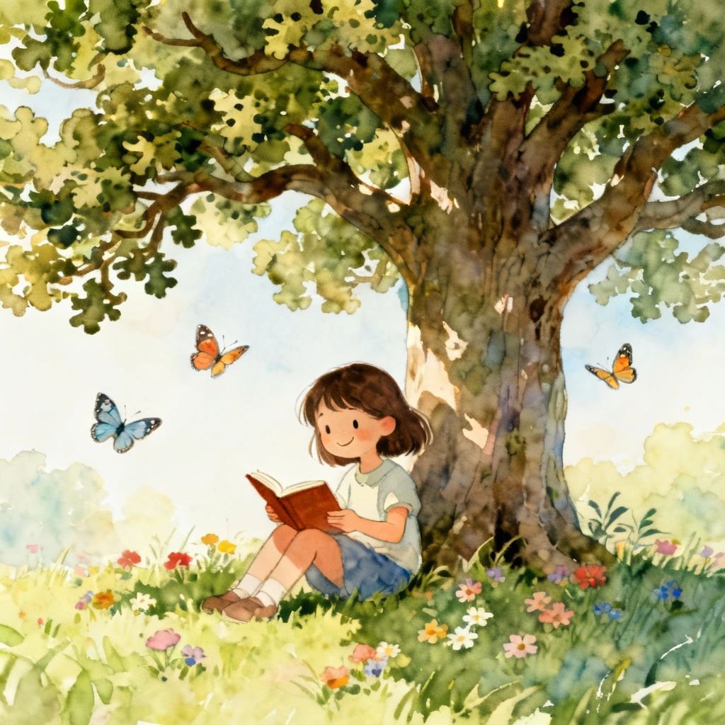 AI storybook little girl reading under a tree illustration