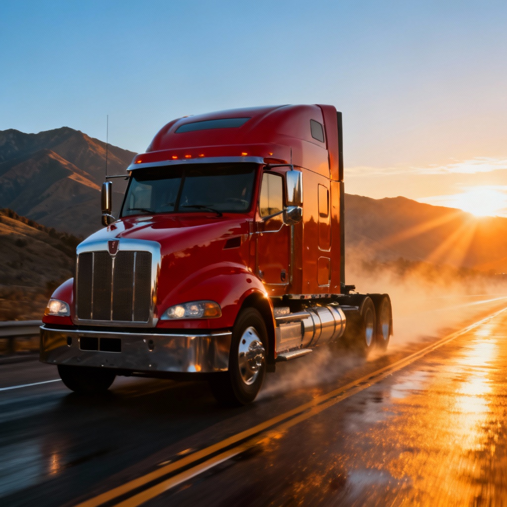 Photorealistic AI semi truck on sunrise highway