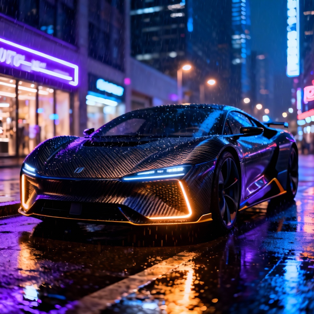 AI neon hypercar night render on wet street