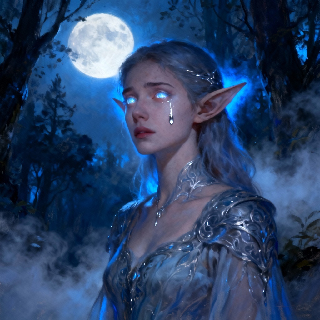 AI fantasy elf crying under moonlight with silver tear