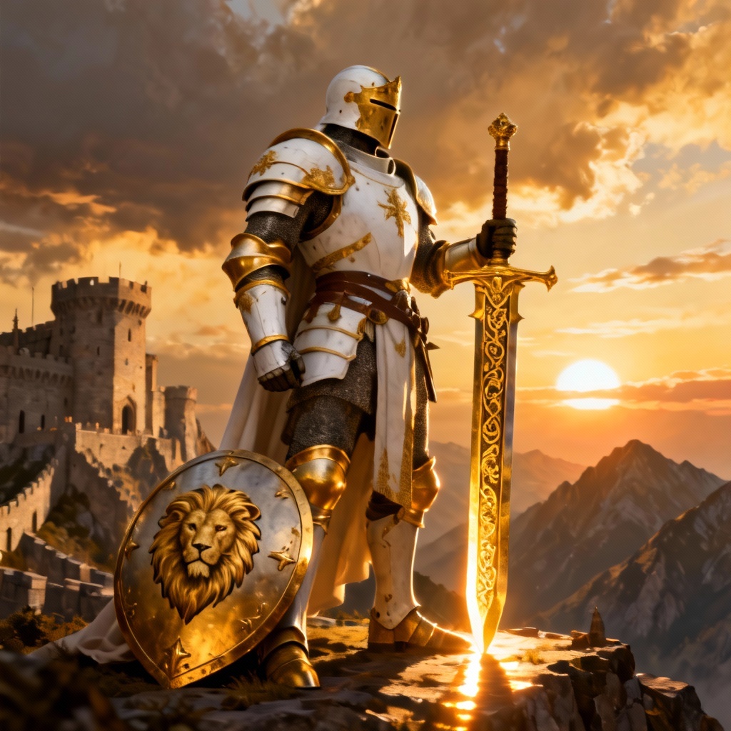 AI paladin commander in sunlit gold armor with lion crest