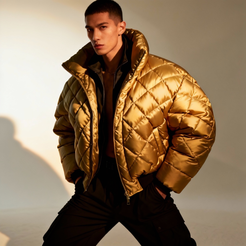 Fashion photo concept emphasizing chest volume via puffer jacket design