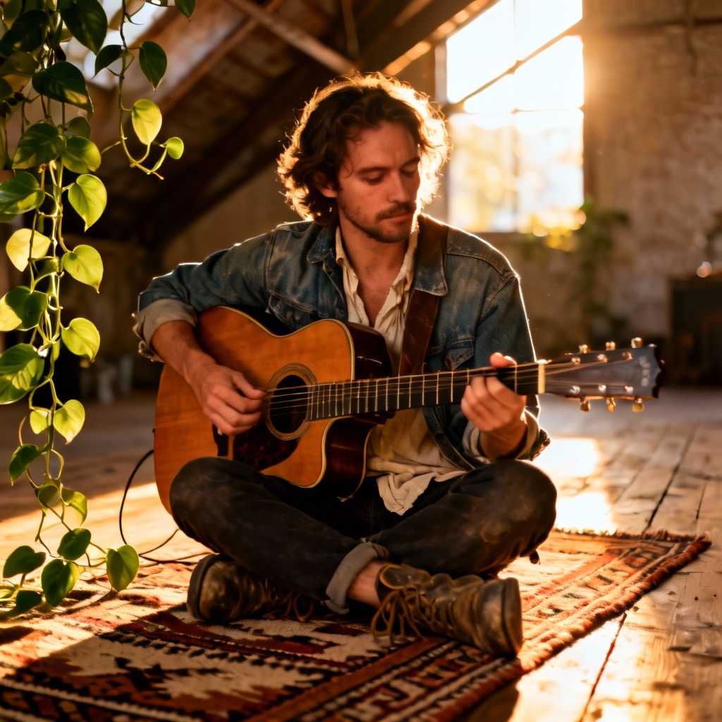 AI indie musician performing in loft session