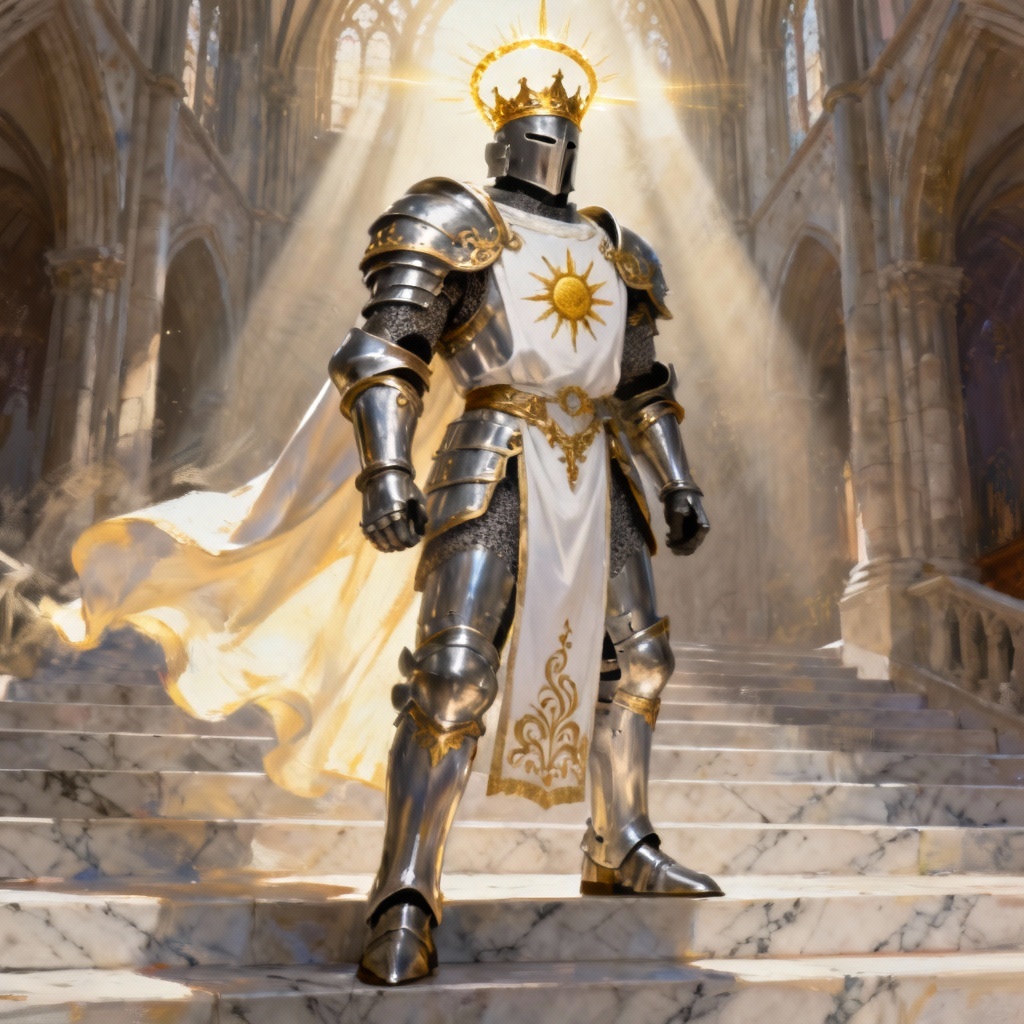 AI saintly knight with glowing halo and silver armor in cathedral light