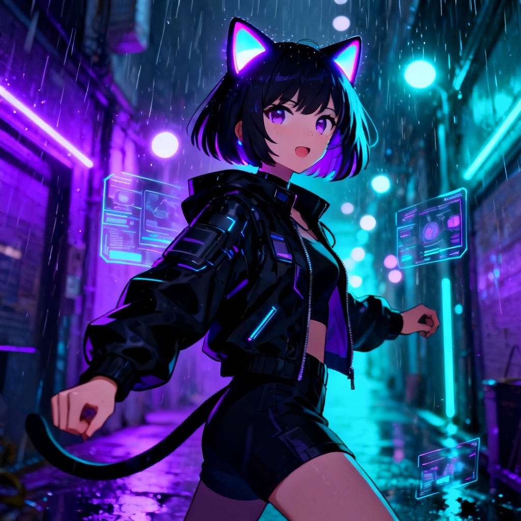 AI cyberpunk cat girl in neon city scene
