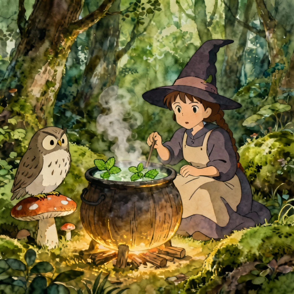 Ghibli-inspired forest apprentice witch brewing with owl familiar