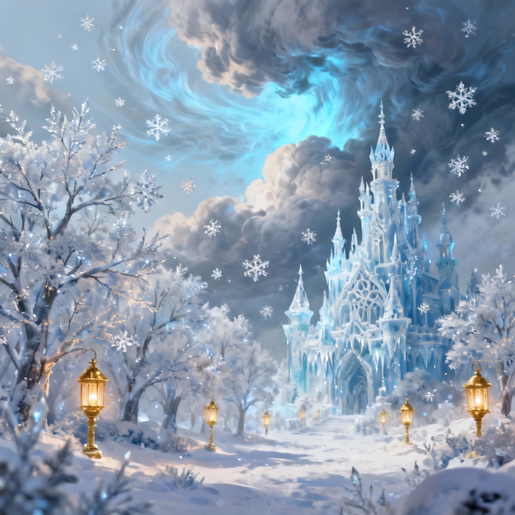 AI fantasy ice castle winter wonderland background