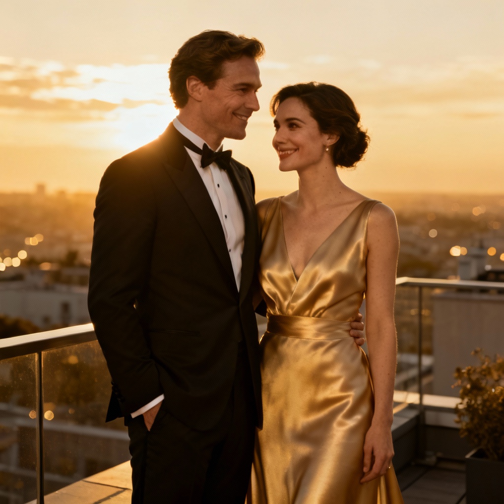 AI elegant couple portrait at golden hour in formal outfits