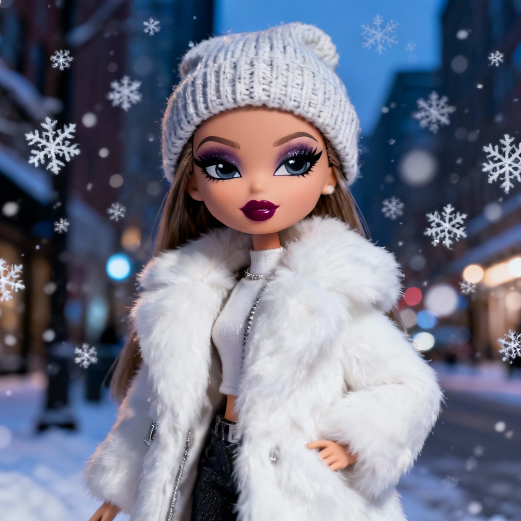 AI Bratz winter doll in faux fur with smokey eye