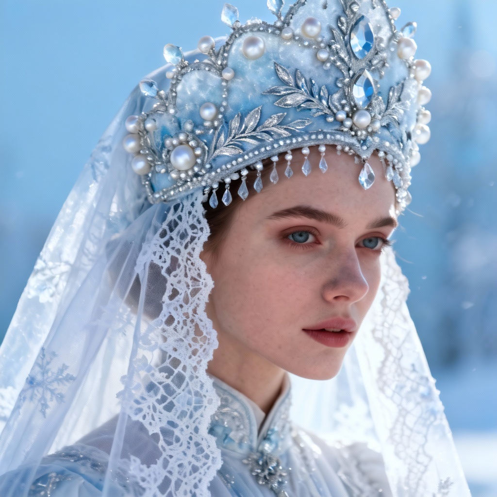 AI bridal snow queen kokoshnik with pearls and lace