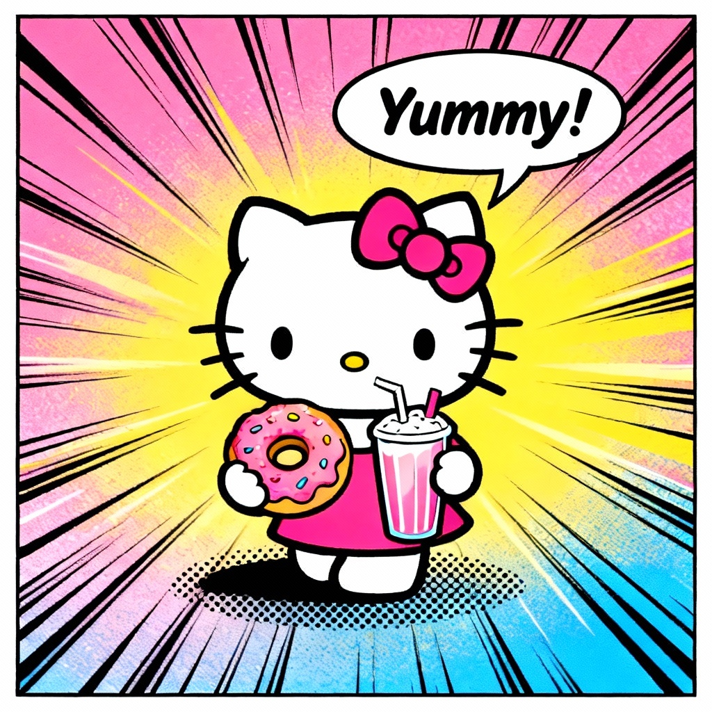 AI Hello Kitty comic pop art with snacks